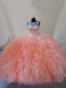 Dazzling Peach Ball Gowns Tulle Scoop Sleeveless Beading and Ruffles Lace Up Quinceanera Gowns Court Train