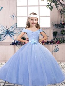 Popular Light Blue Sleeveless Tulle Lace Up Girls Pageant Dresses for Party and Wedding Party