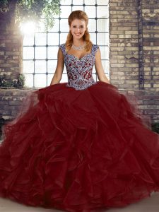 Graceful Wine Red Sweet 16 Dresses Military Ball and Sweet 16 and Quinceanera with Beading and Ruffles Straps Sleeveless Lace Up
