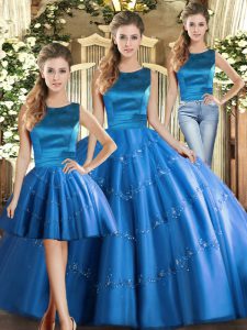 Sleeveless Tulle Floor Length Lace Up Sweet 16 Quinceanera Dress in Blue with Appliques