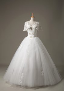Custom Fit White Lace Up V-neck Beading and Appliques Wedding Dress Tulle Short Sleeves