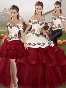 Wine Red Sleeveless Tulle Brush Train Lace Up Quinceanera Dresses for Military Ball and Sweet 16 and Quinceanera