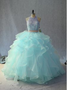 Lovely Sleeveless Floor Length Backless Quince Ball Gowns in Light Blue with Beading and Ruffles
