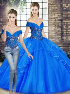 Royal Blue Quinceanera Gown Military Ball and Sweet 16 and Quinceanera with Beading and Ruffles Off The Shoulder Sleeveless Lace Up
