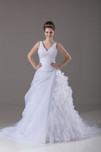 Organza V-neck Sleeveless Brush Train Lace Up Beading and Ruffles Wedding Gown in White
