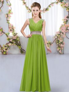 V-neck Sleeveless Lace Up Court Dresses for Sweet 16 Olive Green Chiffon