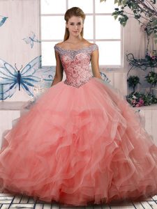 Watermelon Red Ball Gowns Beading Quinceanera Gown Lace Up Tulle Sleeveless Floor Length