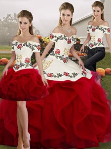 White And Red Sleeveless Embroidery and Ruffles Floor Length Quinceanera Dress
