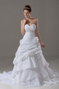 White A-line Sweetheart Sleeveless Taffeta Brush Train Lace Up Beading and Pick Ups and Hand Made Flower Wedding Dress