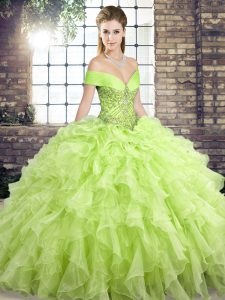 Unique Organza Off The Shoulder Sleeveless Brush Train Lace Up Beading and Ruffles Sweet 16 Dresses in Yellow Green