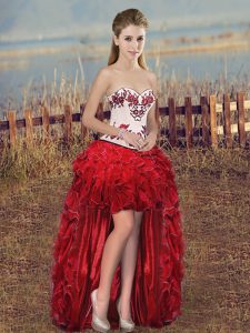 Red Sleeveless Embroidery and Ruffles High Low
