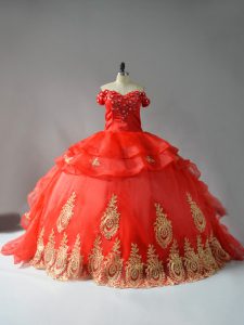 Unique Red Sleeveless Organza Court Train Lace Up Sweet 16 Quinceanera Dress for Sweet 16 and Quinceanera