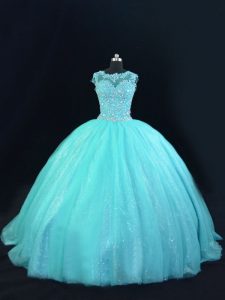 Aqua Blue Ball Gowns Tulle Scoop Sleeveless Beading and Lace Floor Length Lace Up Ball Gown Prom Dress