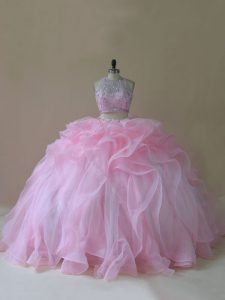 Luxury Lace Up Sweet 16 Quinceanera Dress Baby Pink for Sweet 16 and Quinceanera with Ruffles Brush Train