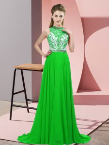 Green Sleeveless Chiffon Brush Train Backless Homecoming Dress for Prom and Party