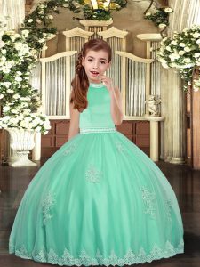 Eye-catching Apple Green Tulle Backless Pageant Dress Womens Sleeveless Floor Length Appliques
