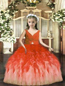 Cheap Rust Red Backless V-neck Beading and Ruffles Pageant Dress for Teens Tulle Sleeveless