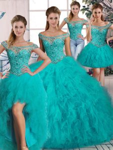 Beading and Ruffles Quince Ball Gowns Aqua Blue Lace Up Long Sleeves Brush Train