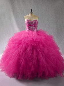 Wonderful Fuchsia Ball Gowns Beading and Ruffles Sweet 16 Quinceanera Dress Lace Up Tulle Sleeveless Floor Length