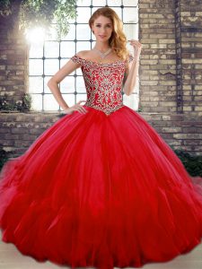 Excellent Red Sleeveless Tulle Lace Up Quinceanera Gown for Military Ball and Sweet 16 and Quinceanera