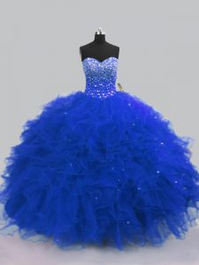Lovely Royal Blue Tulle Lace Up Sweetheart Sleeveless Floor Length Quince Ball Gowns Beading and Ruffles
