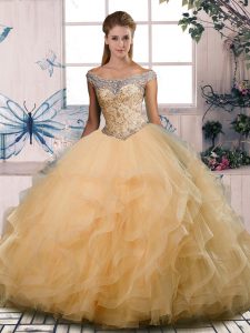 Most Popular Gold Ball Gowns Off The Shoulder Sleeveless Tulle Floor Length Lace Up Beading and Ruffles Quinceanera Dresses