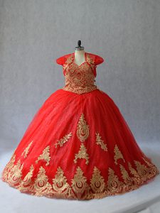 Flare Lace Up Quinceanera Gown Red for Sweet 16 and Quinceanera with Beading and Appliques Court Train