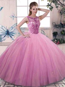 Sweet Rose Pink Sleeveless Floor Length Beading Lace Up Quinceanera Gowns