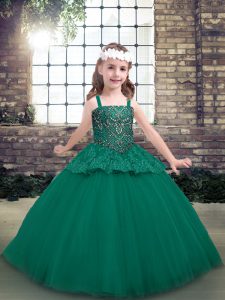 Superior Green Straps Lace Up Beading Little Girl Pageant Dress Sleeveless