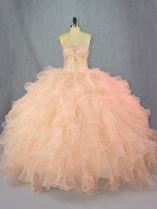 Edgy Peach Sleeveless Organza Lace Up Quinceanera Gowns for Sweet 16 and Quinceanera