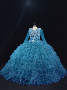 Teal Organza Lace Up V-neck Long Sleeves Floor Length Quince Ball Gowns Beading and Ruffled Layers