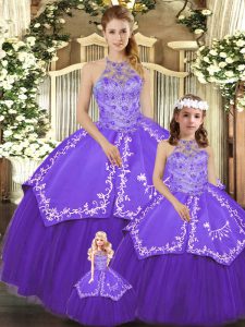Trendy Floor Length Lace Up 15th Birthday Dress Purple for Military Ball and Sweet 16 and Quinceanera with Beading and Embroidery