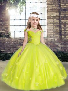 Modern Yellow Green Girls Pageant Dresses Party and Wedding Party with Beading and Hand Made Flower Straps Sleeveless Lace Up