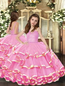 Wonderful Straps Sleeveless Organza Child Pageant Dress Beading and Ruffled Layers Lace Up