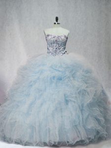 Sleeveless Beading and Ruffles Lace Up 15th Birthday Dress with Light Blue Brush Train