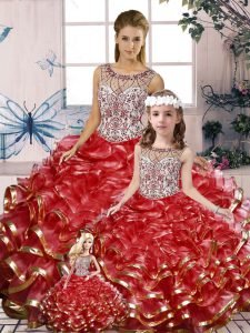 Top Selling Red Ball Gowns Scoop Sleeveless Organza Floor Length Lace Up Beading and Ruffles 15 Quinceanera Dress
