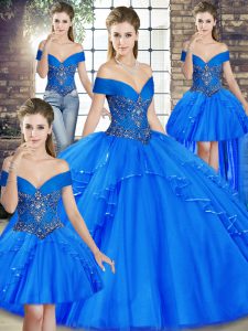 Modern Tulle Off The Shoulder Sleeveless Lace Up Beading and Ruffles Quinceanera Gown in Royal Blue