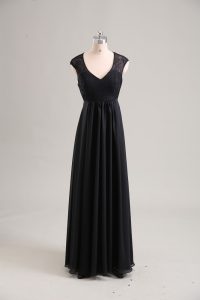 Sophisticated Black Cap Sleeves Floor Length Lace Zipper Prom Evening Gown