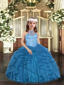 Blue Lace Up Halter Top Beading and Ruffles Kids Formal Wear Tulle Sleeveless
