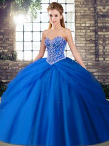 Captivating Blue Sleeveless Brush Train Beading and Pick Ups Quinceanera Gown