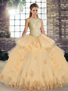 Champagne Ball Gowns Lace and Embroidery and Ruffles Quinceanera Gown Lace Up Tulle Sleeveless Floor Length