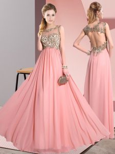 Floor Length Pink Quinceanera Dama Dress Scoop Sleeveless Backless