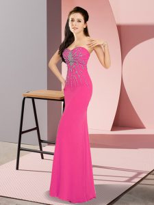 Hot Pink Chiffon Zipper Prom Dress Sleeveless Floor Length Beading