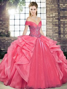 Sleeveless Floor Length Beading and Ruffles Lace Up 15th Birthday Dress with Coral Red