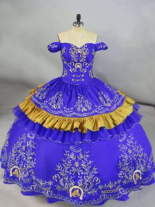 Blue Satin and Organza Lace Up Off The Shoulder Sleeveless Floor Length Sweet 16 Dress Embroidery
