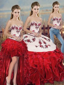 Spectacular Floor Length White And Red Sweet 16 Dress Sweetheart Sleeveless Lace Up