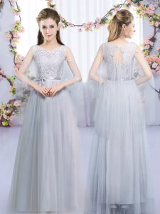 Trendy Grey Lace Up Quinceanera Dama Dress Lace and Belt Sleeveless Floor Length