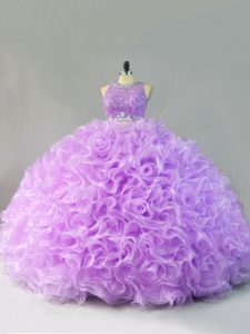 Glittering Lavender Zipper Scoop Beading and Ruffles 15 Quinceanera Dress Fabric With Rolling Flowers Sleeveless