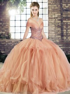 Peach Tulle Lace Up 15th Birthday Dress Sleeveless Floor Length Beading and Ruffles