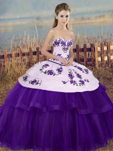 Sleeveless Tulle Floor Length Lace Up Quinceanera Dress in White And Purple with Embroidery and Bowknot